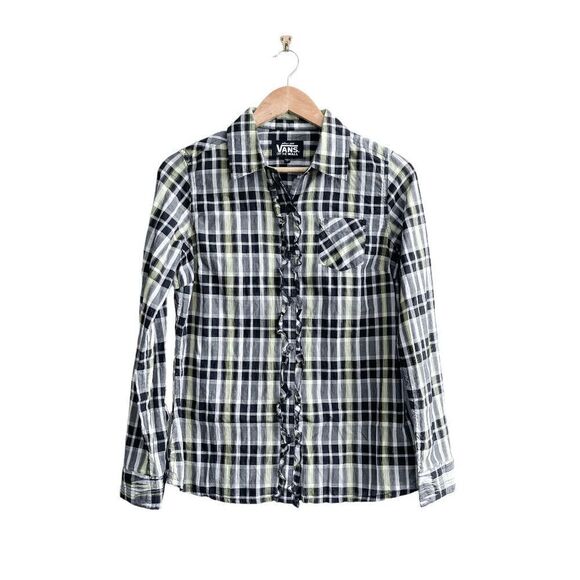 Vans Womens Button Down Shirt Ruffled Sparkle Plaid Yellow Black Medium NWT - Picture 1 of 9